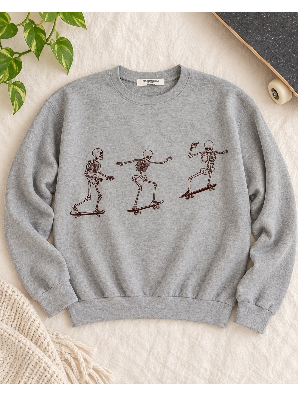 Project Social T Skeleton Skateboard Graphic Gray Crewneck Sweatshirt S/M